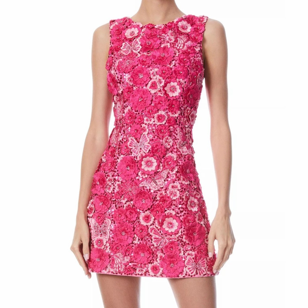Alice + Olivia Lindsey Embroidered Embellished Mini Dress Gown Hot Pink Candy 8